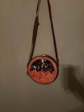 Myra Bag Brown & Orange Round Floral Tooled Crossbody with wallet see pics